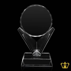 Handcrafted-Circle-Trophy-on-V-Stand-Crystal-Customized-Logo-Text