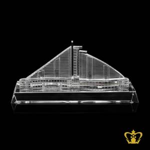 Handcrafted-crystal-replica-of-Jumeirah-Beach-Hotel-with-crystal-bevel-base-custom-logo-text-a-famous-hotel-in-UAE