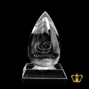 Personalized-crystal-drop-trophy-laser-engraved-logo-and-text-NAKHEEL-with-clear-base