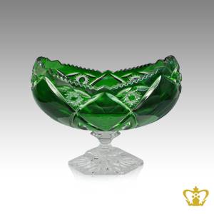 Classy-Charming-Scalloped-Edge-Green-Footed-Crystal-Bowl-Ornamented-With-Modish-Handcrafted-Leaf-Pattern-Decorative-Gift