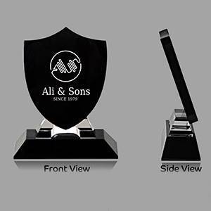 Black-Shield-Trophy-with-Crystal-Base-Customized-Logo-Text-10-INCH-X-6-INCH