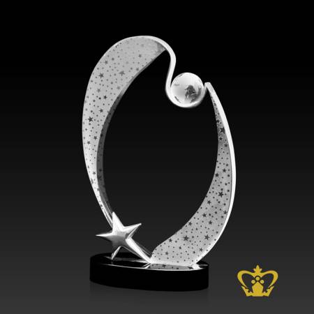Celestial-crystal-trophy-with-globe-star-and-black-base-an-oval-plaque-with-frosted-star-pattern-signifies-growth-and-accomplishing-goals
