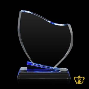 Handcrafted-Crystal-Shield-Trophy-Wave-Cut-with-Blue-and-Clear-Base-Customized-Logo-Text-