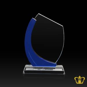 Shield-Trophy-Wave-Cut-with-Blue-Crystal-and-clear-Base-Customized-Logo-Text-9-X-6-5-Inch-