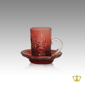 Carmine-red-crystal-tea-cup-and-saucer-embellished-with-enticing-cuts-intense-star-leaf-hand-carved-pattern