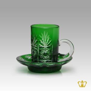 Emerald-green-crystal-tea-cup-and-saucer-embellished-with-enticing-cuts-intense-star-leaf-hand-carved-pattern