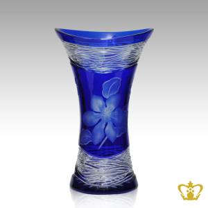 Voguish-blue-elegant-crystal-vase-allured-with-frosted-floral-pattern-enhanced-with-clear-luminous-ripple-waves