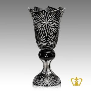 Mysterious-black-footed-crystal-vase-wave-edged-with-luminous-intense-leaf-cuts-handcrafted