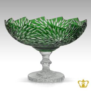 Alluring-sophisticated-green-crystal-footed-bowl-wave-edged-adorned-with-handcrafted-intense-clear-leaf-pattern