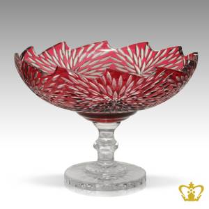 Lovely-ruby-red-handcrafted-crystal-wave-edge-footed-bowl-with-luminous-intense-leaf-cut