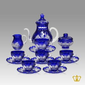 Cobalt-blue-crystal-tea-set-of-6-cups-and-saucer-embellished-with-intense-hand-carved-vintage-pattern