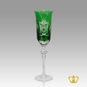 Gorgeous-green-vintage-elegant-crystal-champagne-flute-with-intense-traditional-pattern-enhanced-hand-carved-stylish-clear-stem