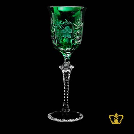 Emerald-green-elegant-red-wine-crystal-goblet-with-intense-star-cuts-and-grapevine-hand-carved-stylish-clear-stem