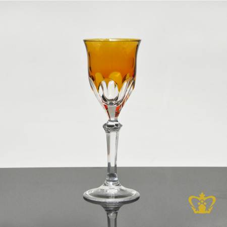 Alluring-amber-stylish-epoch-crystal-liqueur-glass-tulip-shaped-with-curved-facets-pattern-elegantly-hand-carved-stem