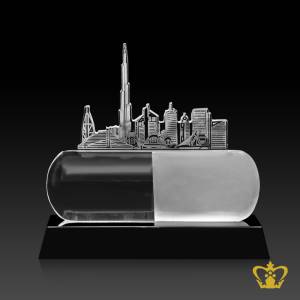 Customized-crystal-capsule-trophy-with-black-base-personalize-text-engraving-logo-base-UAE-famous-gifts