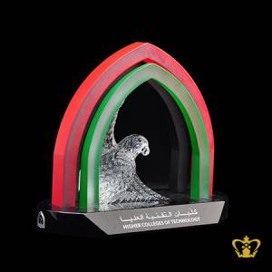 Custom-made-crystal-trophy-theme-mihrab-falcon-with-text-engraving-logo-base-UAE-traditional-souvenirs