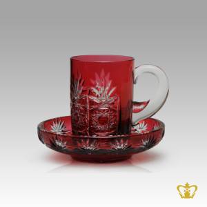 Ruby-red-crystal-tea-cup-and-saucer-embellished-with-enticing-cuts-intense-star-leaf-hand-carved-pattern