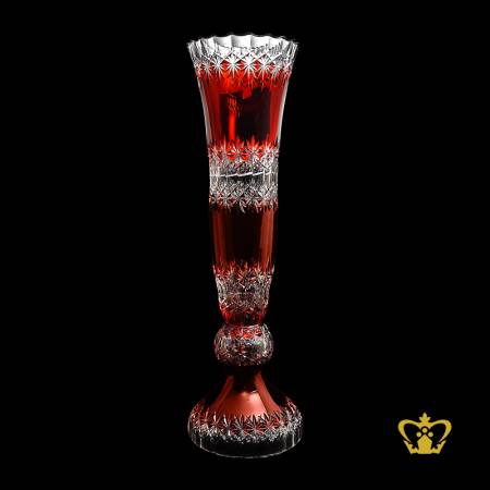 Magnificent-red-long-splendid-footed-crystal-vase-adorned-with-intense-clear-handcrafted-cuts