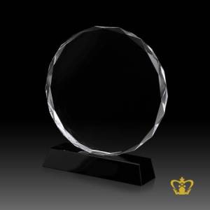 Crystal-circle-trophy-with-facet-diamond-cuts-on-edges-with-black-base-customized-logo-text