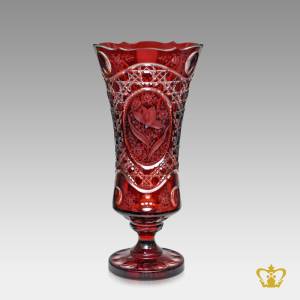 Gorgeous-long-footed-red-crystal-vase-adorned-with-handcrafted-floral-pattern-and-intense-diamond-cuts