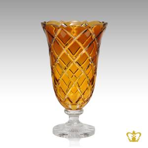 Glitzy-stylish-amber-crystal-footed-vase-adorned-with-handcrafted-intense-cross-pattern-decorative-gift