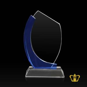 Shield-trophy-wave-cut-with-blue-crystal-and-clear-base-customized-logo-text