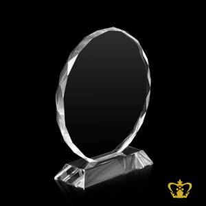 Crystal-circle-trophy-with-facet-diamond-cuts-on-edges-with-clear-base-customized-logo-text