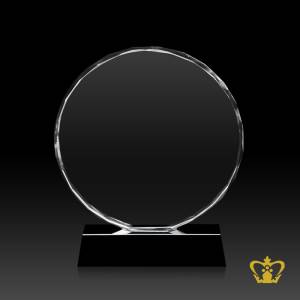 Crystal-circle-trophy-with-facet-diamond-cuts-on-edges-with-black-base-customized-logo-text
