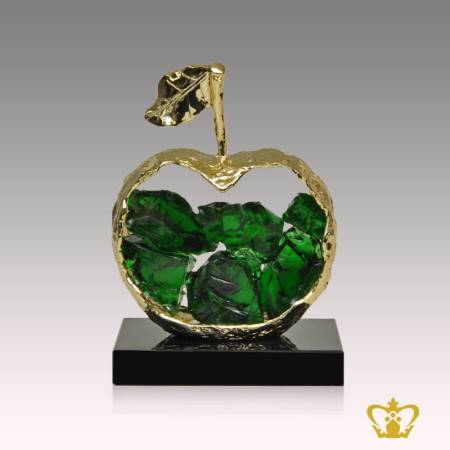 Decorative-metal-applie-figurine-with-green-crystal-stone-stand-on-black-crystal-base-customized-text-engraving-logo