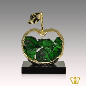 Decorative-metal-applie-figurine-with-green-crystal-stone-stand-on-black-crystal-base-customized-text-engraving-logo