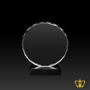 Crystal-circle-trophy-with-facet-diamond-cuts-on-edges-with-black-base-customized-logo-text