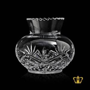 Beautiful-little-spherical-crystal-vase-scalloped-edge-adorned-with-handcrafted-leaf-and-diamond-pattern-
