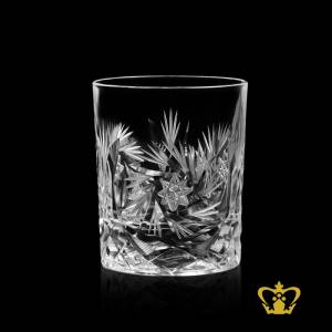Antique-timeless-look-whisky-tumbler-with-unique-crystal-cut-on-the-bottom-and-Twirling-star-deep-leaf-design-around-the-glass-10-Oz