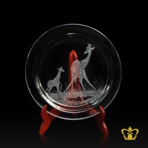 Crystal-center-plate-engraved-with-giraffe-customized-text-engraving-logo