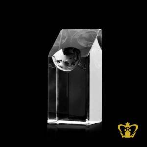 Cuboid-crystal-stylish-handcrafted-trophy-with-globe-carved-on-slop-top