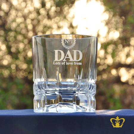 Nos-1-Dad-Lots-of-Love-from-a-personalized-message-engraved-Classic-Whisky-glass-features-a-square-hand-cut-impressive-design-around-body-and-bottom-of-crystal-tumbler-10-oz