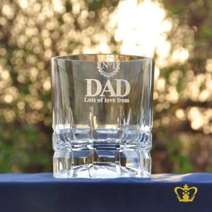 Nos-1-Dad-Lots-of-Love-from-a-personalized-message-engraved-Classic-Whisky-glass-features-a-square-hand-cut-impressive-design-around-body-and-bottom-of-crystal-tumbler-10-oz