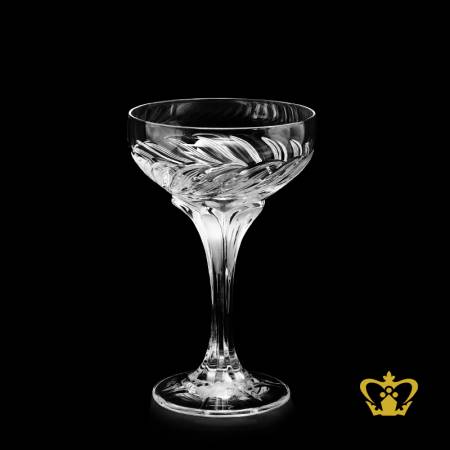Handcrafted-crystal-champagne-saucer-with-leaf-cuts-and-elegant-unique-shaped-stem