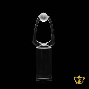 Personalized-crystal-golf-trophy-with-golf-ball-and-clear-base-customized-text-engraving-logo