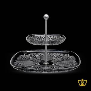 Crystal-2tier-plate-with-unique-handcrafted-intense-star-and-leaf-pattern