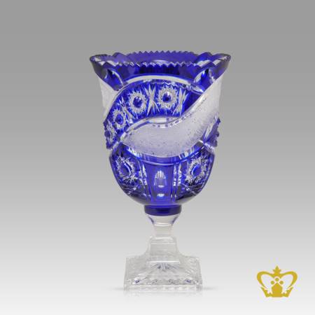 Imperial-blue-crystal-elegant-footed-vase-exceptional-handcrafted-with-traditional-star-and-leaf-pattern-alluring-decorative-gift