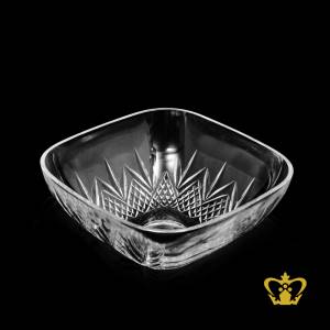 Handcrafted-square-crystal-bowl-with-leaf-pattern-cuts-rising-from-bottom