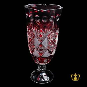 Alluring-striking-impressive-long-red-crystal-footed-vase-adorned-with-lovely-intense-handcrafted-pattern