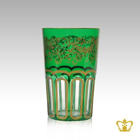Authentic-Vibrant-golden-pattern-printed-on-impressive-green-colored-crystal-glass-perfect-to-serve-tea-juice-or-beverage-10-oz