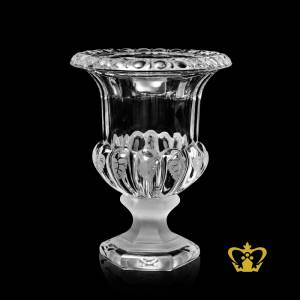 Vintage-timeless-look-rare-footed-crystal-vase-handcrafted-with-unique-leaf-and-frosted-pattern