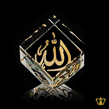 Golden-Arabic-Word-Calligraphy-Engraved-Three-Faced-Tilted-Crystal-Islamic-Occasions-Gift-Allah-Muhammed-Rasul-Allah-And-The-Holy-Kaaba-Engraved-Cube-Customized-Ramadan-Eid-Religious-Souvenir
