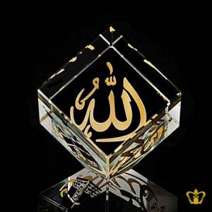 Golden-Arabic-Word-Calligraphy-Allah-Muhammed-Rasul-Allah-and-the-Holy-Kaaba-Engraved-Three-Faced-Tilted-Crystal-Cube-Islamic-Occasions-Gift-Customized-Ramadan-Eid-Religious-Souvenir