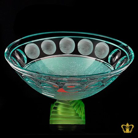 Versatile-green-footed-handcrafted-crystal-bowl-allured-with-frosted-pattern-and-round-facets