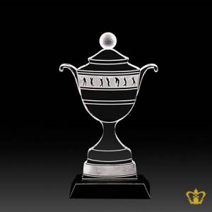 Personalized-crystal-golf-cup-cutout-trophy-stands-on-black-crystal-base-customized-text-engraving-logo