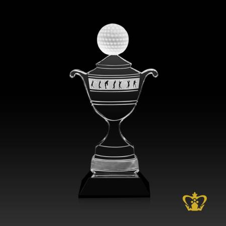 Personalized-crystal-golf-cup-cutout-trophy-stands-on-black-crystal-base-customized-text-engraving-logo